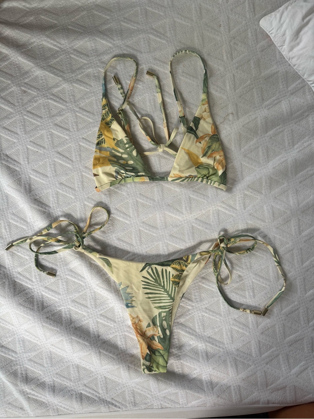 Monday Swimwear Tropical Leaf Tie-Side Bikini in Green and Yellow